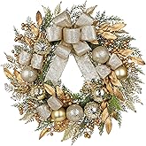 24 inch Gold Christmas Door Wreath with Bow, Pine Wreaths for Front Door with Golden Ball Leaf Stems Pinecones Berries for Fireplace Xmas Decorations, Wall Window Indoor Outdoor Decor
