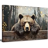 Nature Forest Bear Canvas Wall Art Wild Animals Forest Painting Picture Wall Decor Brown Bear in the Moutain Posters Print Artwork for Bathroom Bedrooms Living Rooms Home Decor