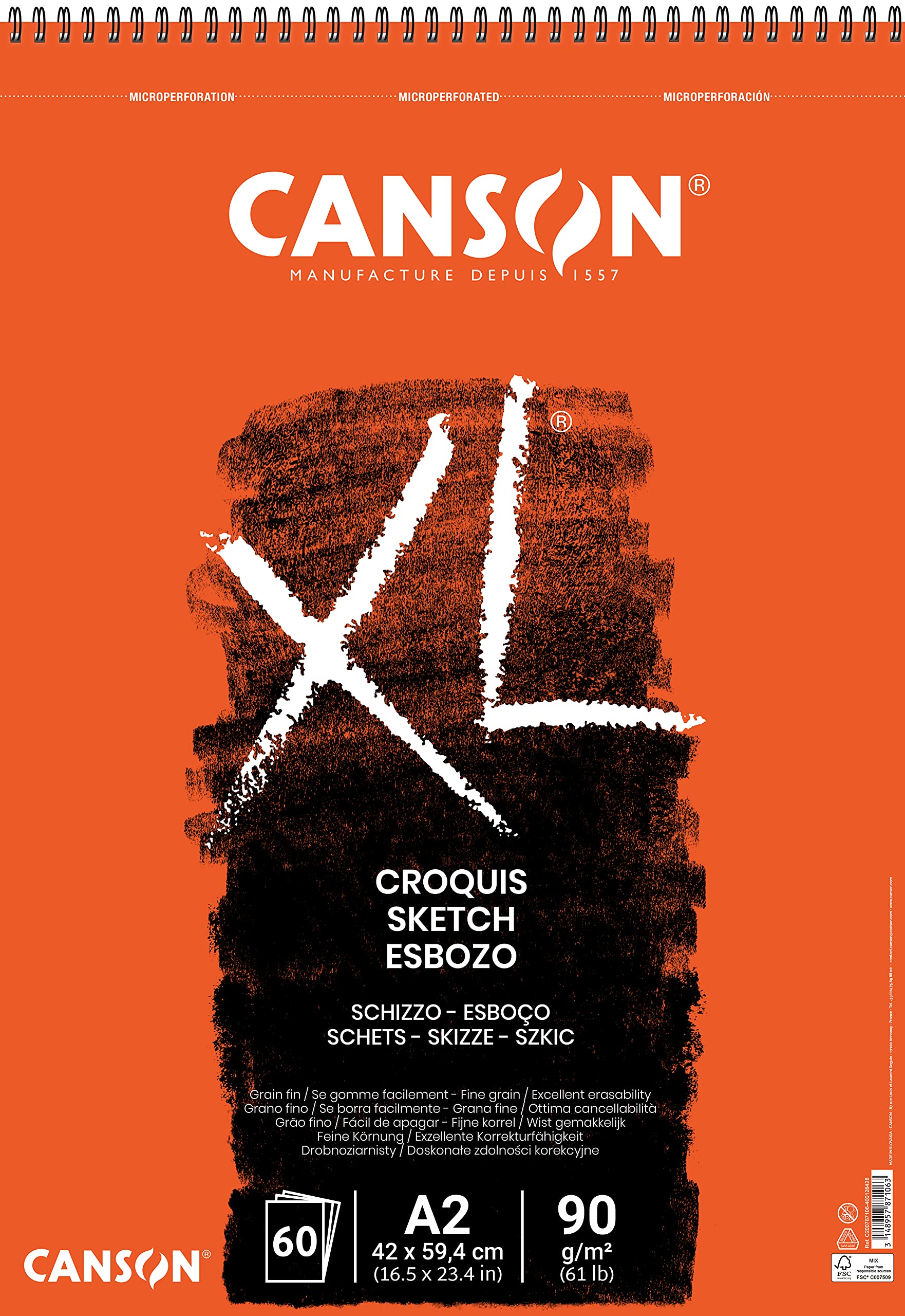 CANSON XL Sketch 90gsm A2 Paper, Fine Grain, Spiral Pad Short Side, 60 Sheets, for Professional Artists & Students โ image 1