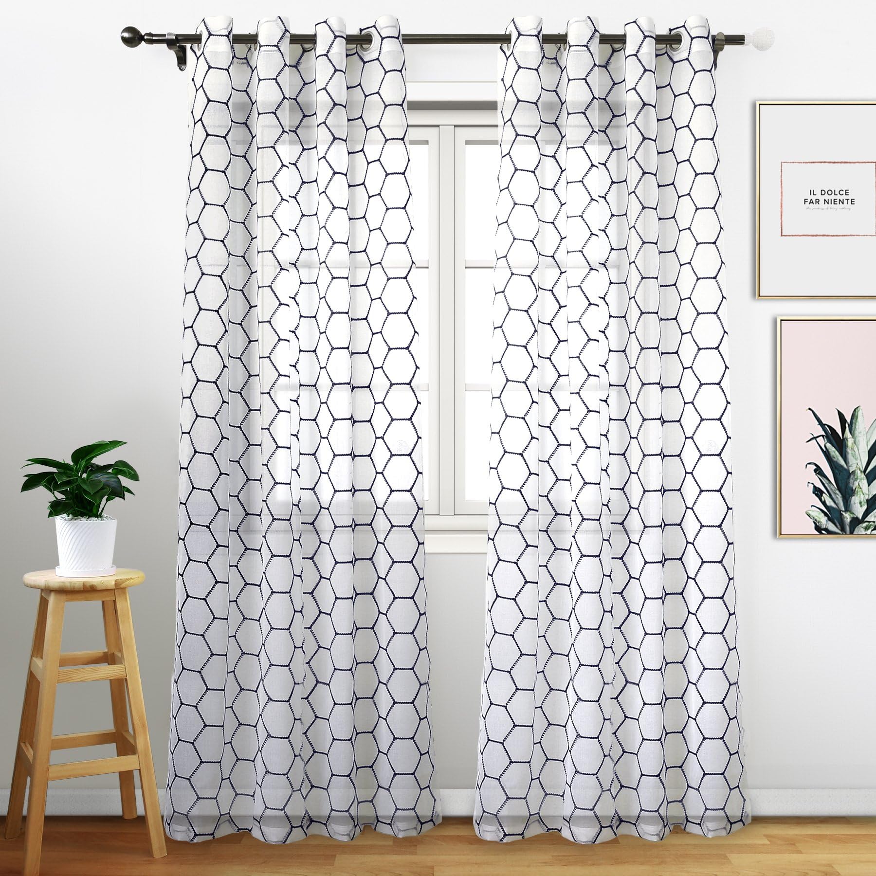 Eamior Living Room Sheer Curtain Drapes - Embroidered Trellis Voile Sheer Curtain Panels with Grommet Top for Bedroom (Set of 2, 54 Wide x 72 inch Length, Dark Blue Trellis)