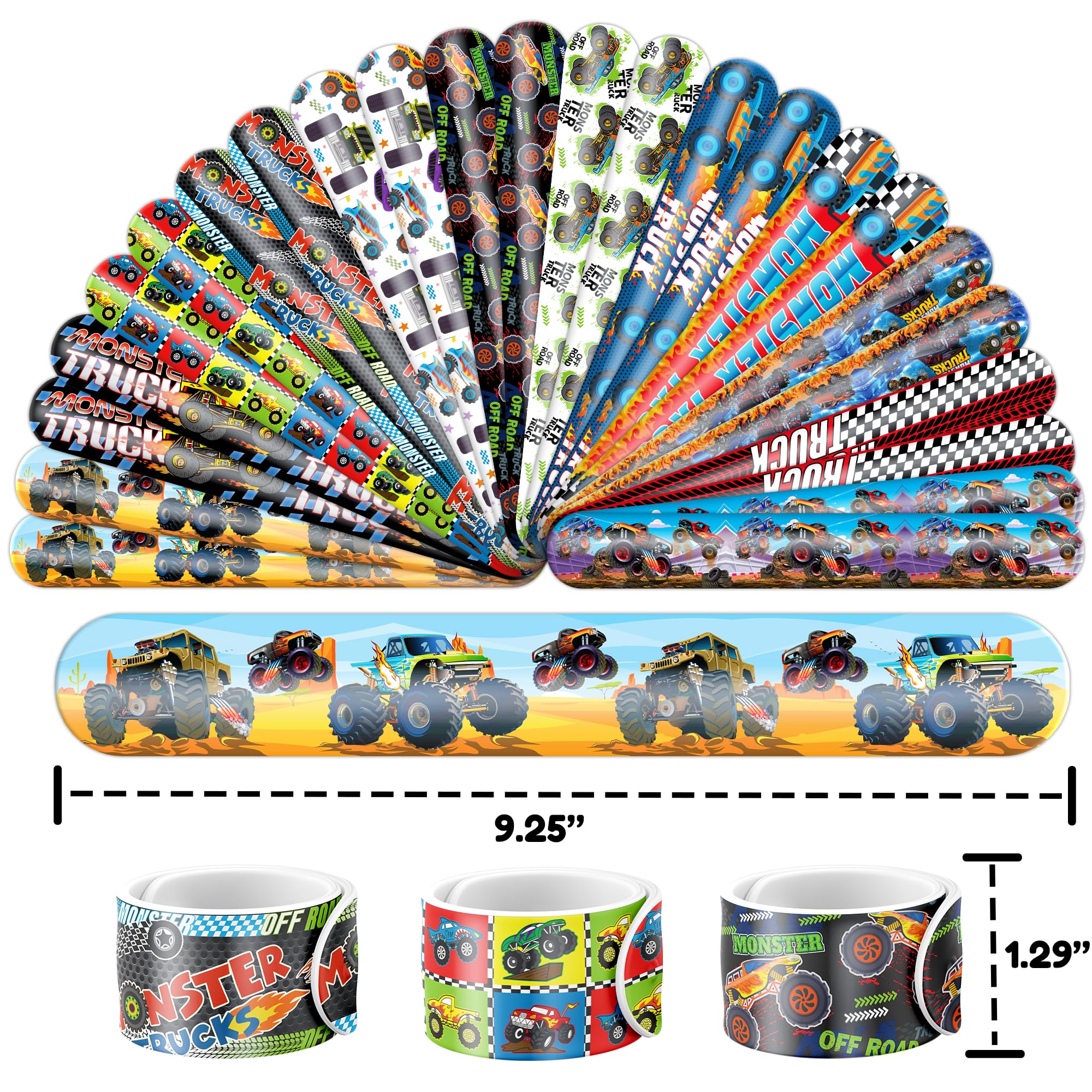 72PCS Monster Truck Party Favors – 48 Pre-cut Temporary Tattoos & 24 Slap Bracelets for Kids – Ideal for Boys' Birthday Parties, Classroom Prizes, and School Rewards