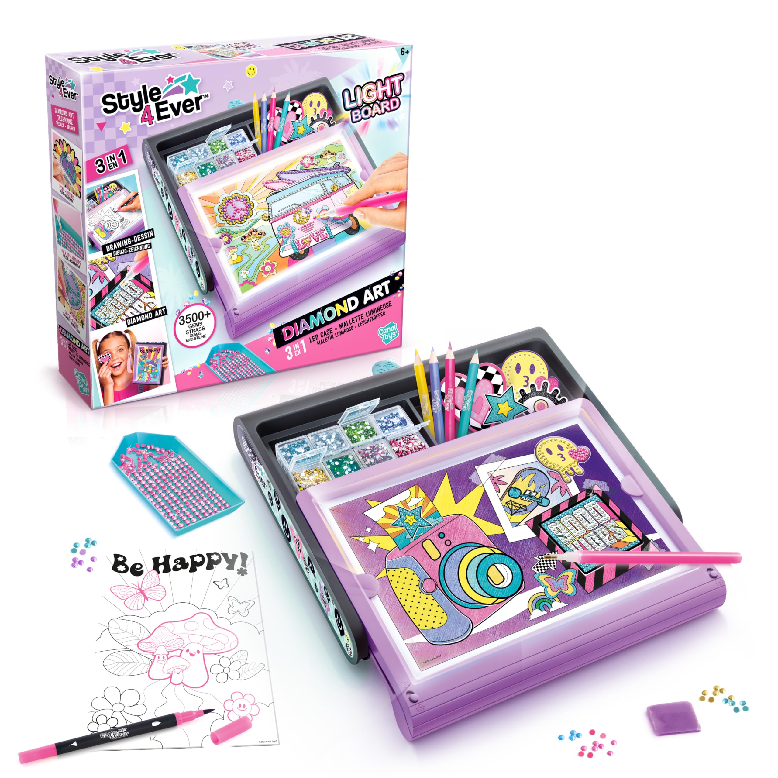 Style 4 Ever Canal Toys Light Up Diamond Art Case for Children - 3 in 1 Creative Set with Light Tablet, Posters and Rhinestone Stickers - Arts and Crafts Activity - Gift Idea for Children