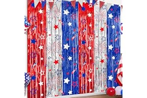 BIAWOY 4th of July Party Decorations Red White Blue Foil Fringe Curtains, 2 Pack 3.3 x 6.6 FT Star Firework Patriotic Decor Fourth of July Photo Backdrop Streamers for Memorial Day Independence Day Labor Day
