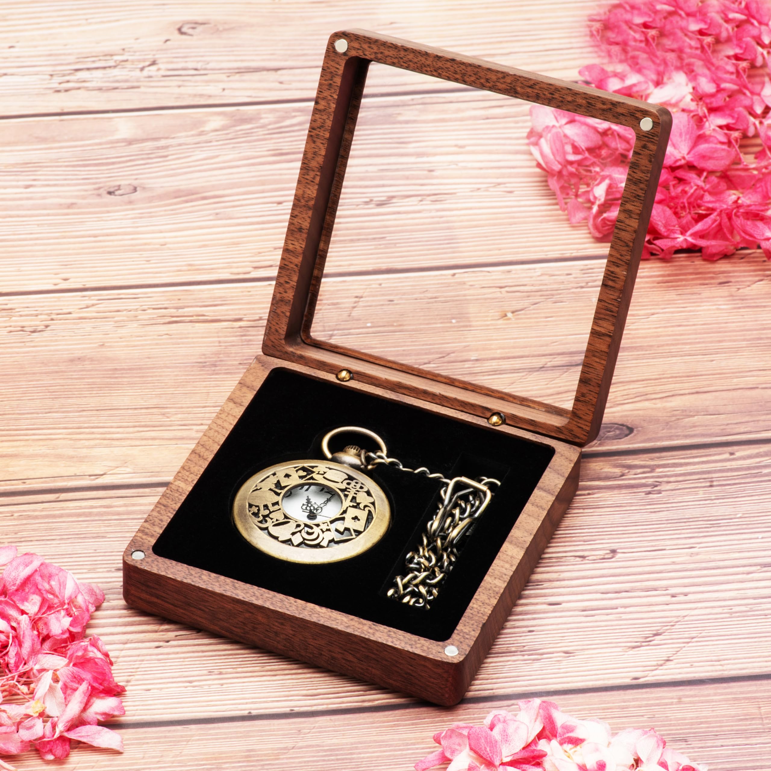 COSISO COSISO Walnut Wood Pocket Watch Box with Clear Acrylic Lid Portable Single Pocket Watch Display Storage Travel Case Organizer for Men Women (Contain Chain Clamp Slot)