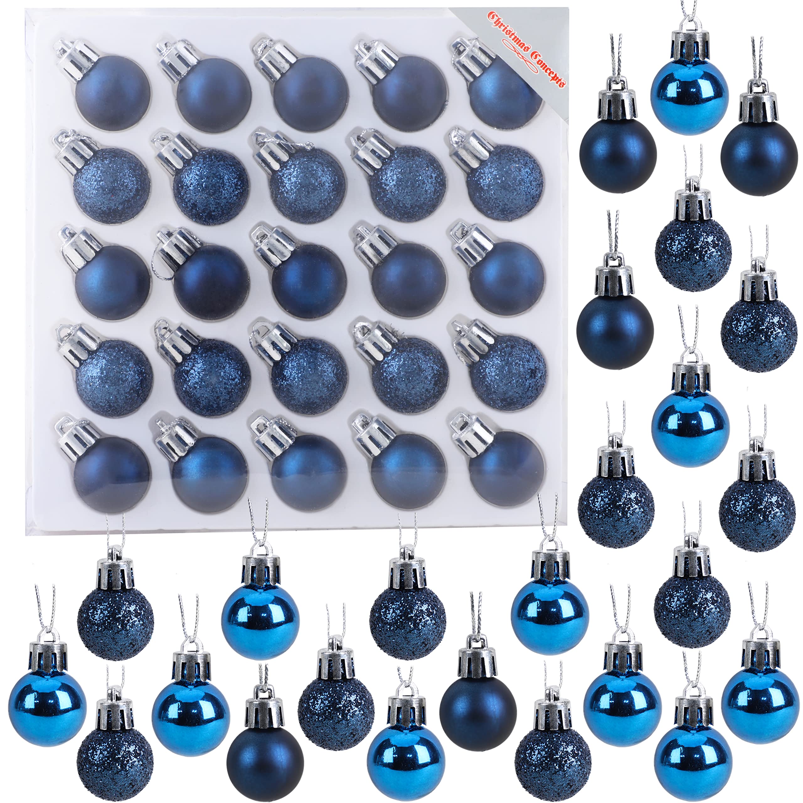 Christmas Concepts® Pack of 25-25mm, 2.5cm (1") Mini Christmas Tree Baubles - Shiny, Matte & Glitter Decorated Baubles (Midnight Blue)