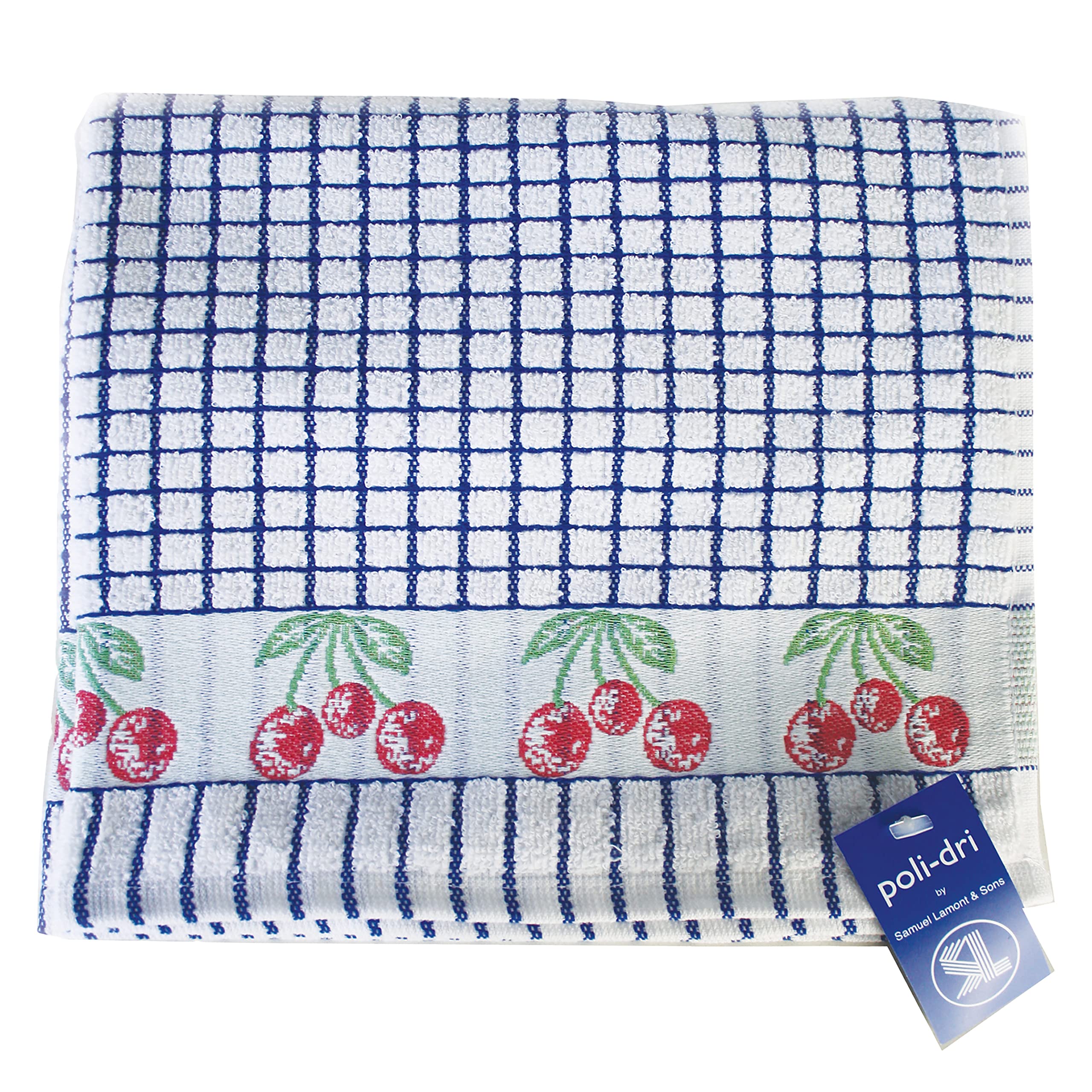 Samuel Lamont & Sons Poli-dri Jacquard Tea Towel Blue Cherries, Size 50cm x 70cm, 100% Cotton Terry Towelling, Ultra-absorbent & Super Soft , Machine Washable, Blue, One Size,Black
