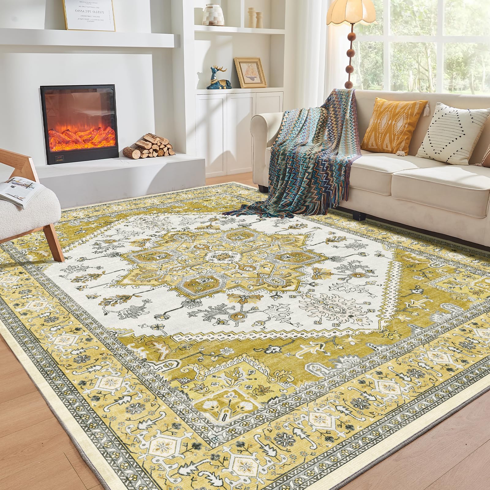 OPPODREAM Thin 6x9 Area Rugs, Washable Rug 6x9 with Non Slip Backing, Faux Cashmere Low-Pile 6 x 9 Carpet, Yellow Image