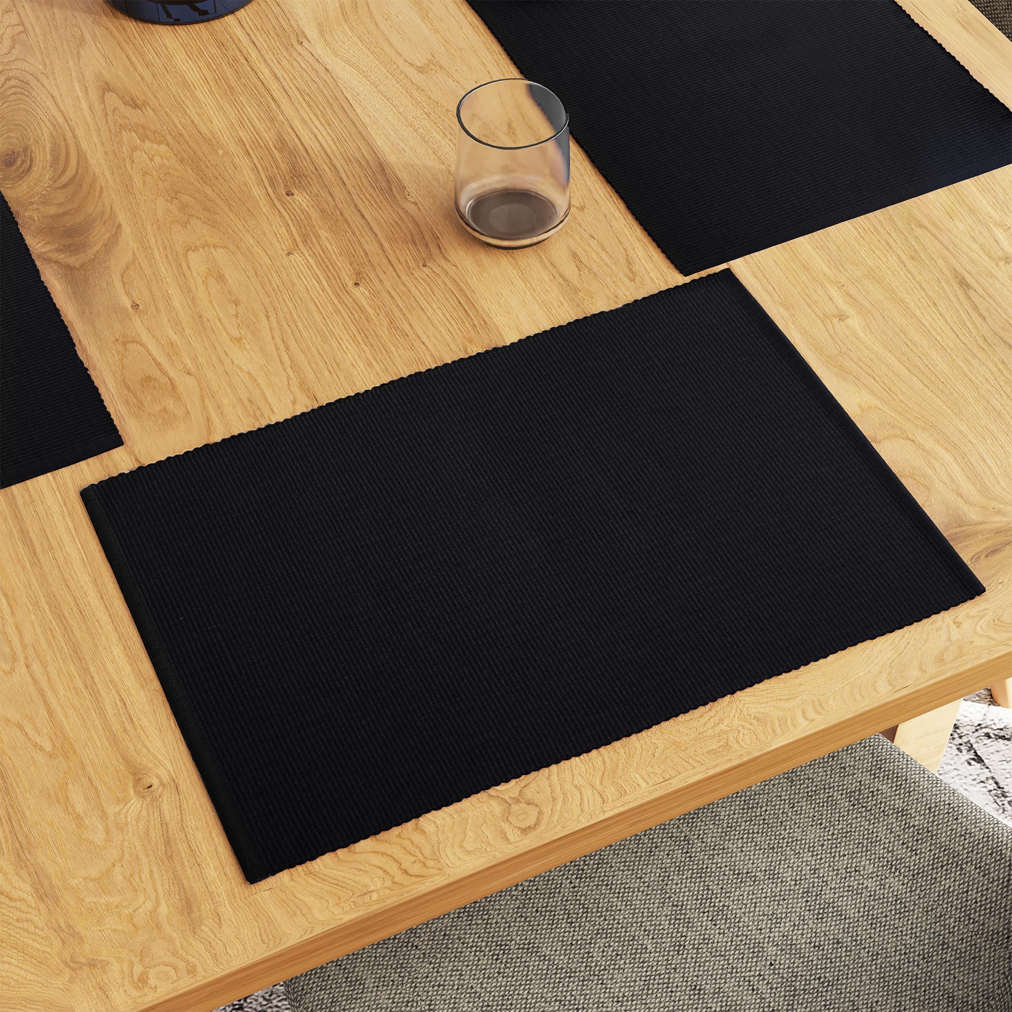 Encasa XO Dining Placemat Set of 6 | Solid Solid Black Color | Fine Ribbed Cotton Table mat | Size 19x13 in | Machine Washable — image 1
