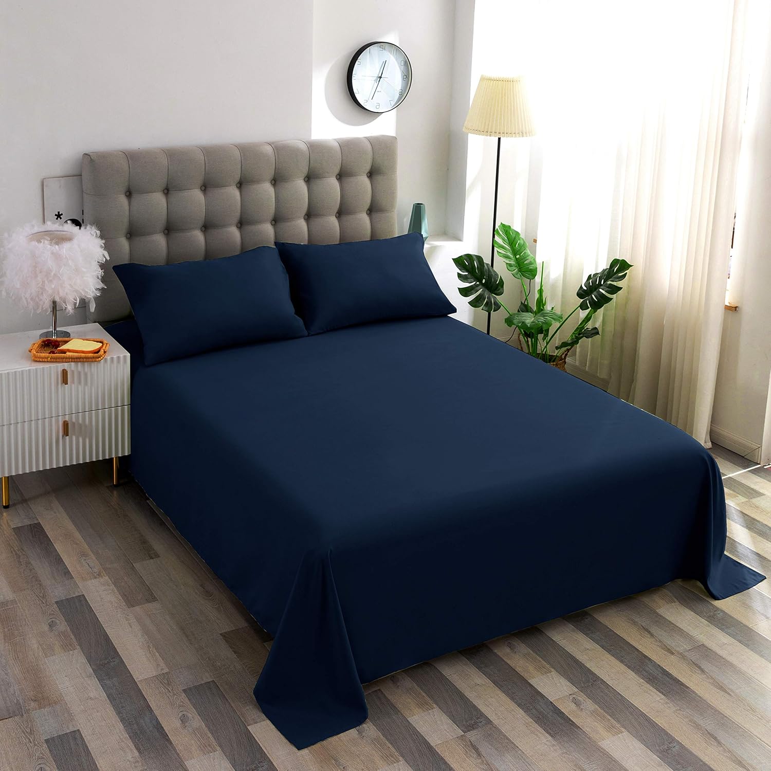 Sfoothome Bed Flat Sheet - Ultra Soft and Wrinkle, Fade, Stain Resistant Top Sheet, Queen Size, Navy Blue: Home & Kitchen