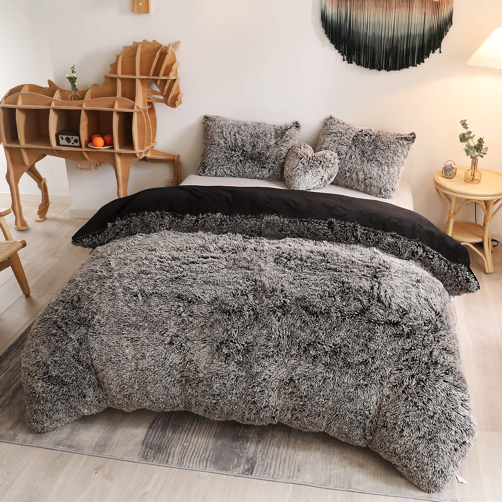 Photo 1 of MEGO Luxury Shaggy Plush Duvet Cover Set, Soft 3 Pieces Fluffy Faux Fur Comforter Cover Set, Fuzzy Bedding Set(1 Furry Duvet Cover Queen Size + 2 Pillow Shams), Zipper Closure(Queen, Black Ombre)