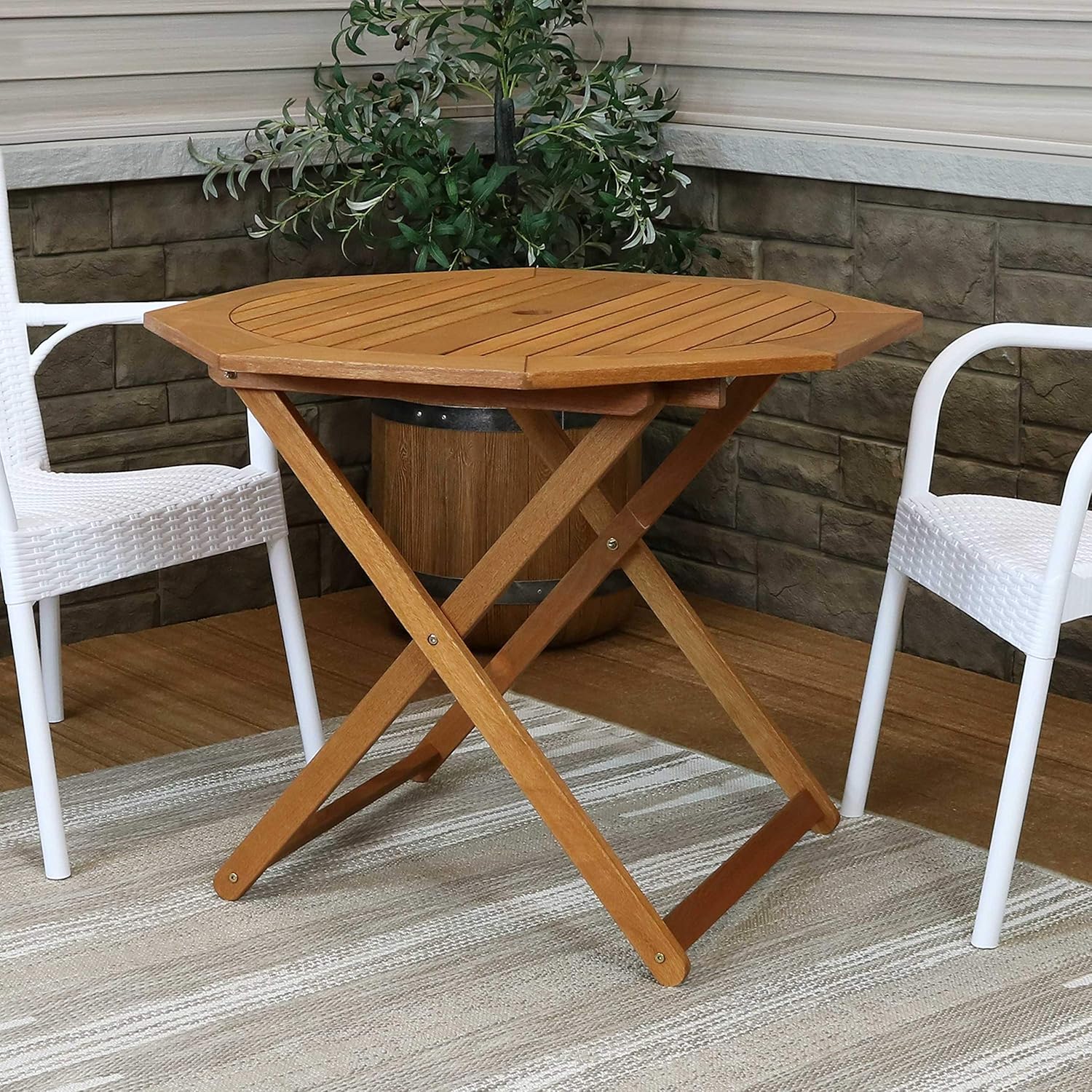 Sunnydaze Meranti Wood Octagon Outdoor Folding Patio Table - Outside Dining Furniture for Deck, Porch, Balcony, Garden, Backyard and Lawn - Teak Oil Finish : Garden & Outdoor
