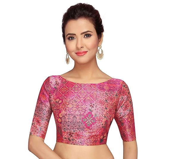 Pink Abstract Print Readymade Saree Blouse With Elbow Length Sleeves