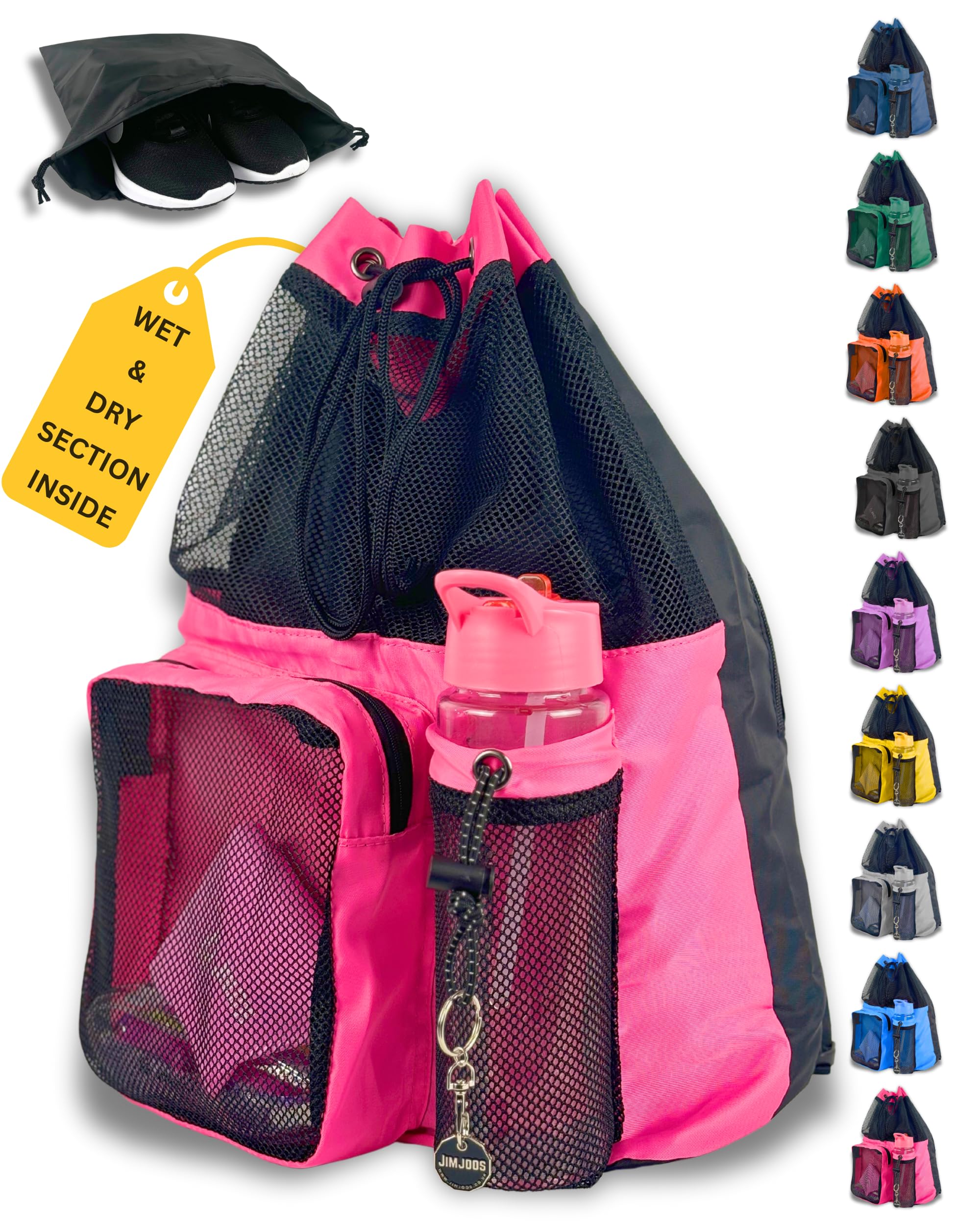 JIMJOOS Drawstring Mesh Swimming Bag - 25L Waterproof Swim Bag with Wet/Dry Compartment, Multifunctional Sports Backpack for Kids, Adults, Swimming, Surfing, Beach, Gym (PINK)