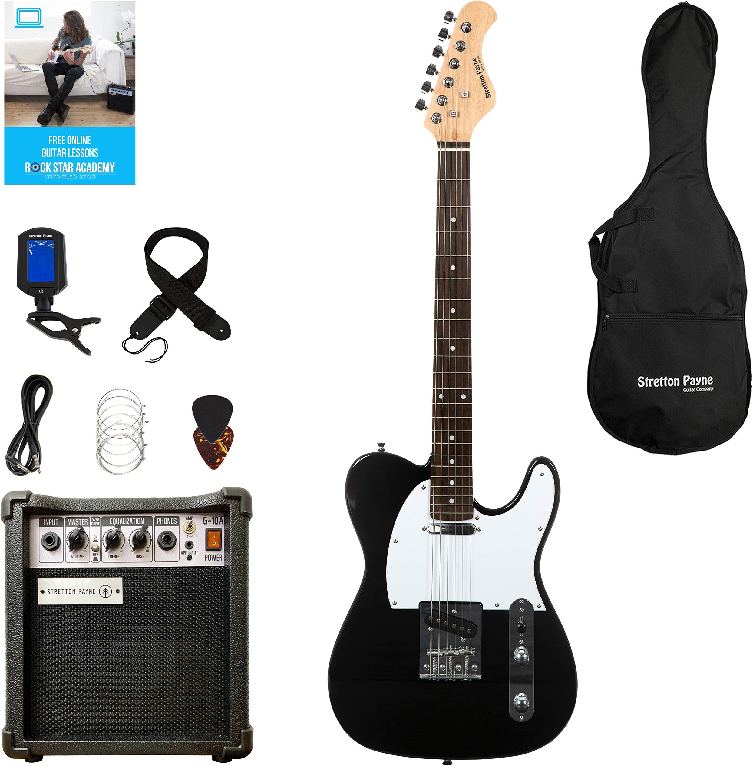 Stretton Payne TE Electric Guitar with practice amplifier, padded bag, strap, lead, plectrum, tuner, spare strings. Guitar in Black