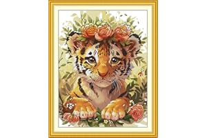 Maydiyer Counted Cross Stitch Kits for Adults,14CT Unprinted Pattern Embroidery Kits for Beginners,Easy Cross-Stitch Set DMC Threads Needlework- Tiger with a Garland of Flowers 14.6''×18.5''