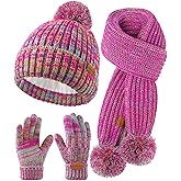 Kids Winter Hat Scarf Gloves Set - Girls Boys Fleece Lined Beanie Hat with Pom Knit Scarf Warm Mittens for Children