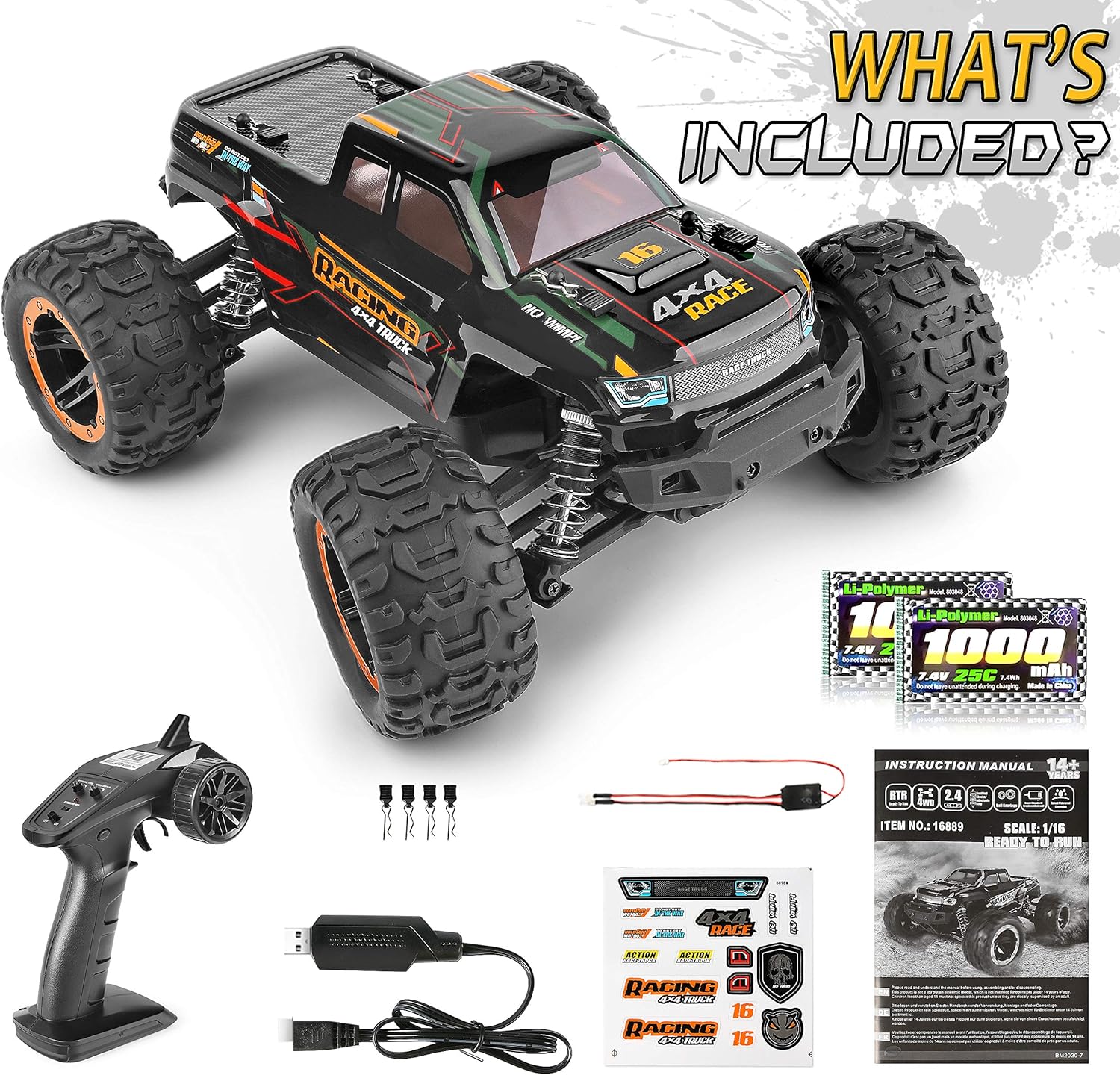 Remote Control Car 16889, 1:16 Scale 2.4Ghz RC Cars 4x4 Off Road Trucks, Waterproof RTR RC Monster Truck 36KM/H, Remote Controlled Toys for Kids and Adults with 2 Batteries 35+ mins Play: Toys & Games