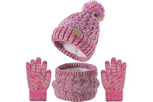 Tavaleu Kids Winter Beanie Hat Scart Gloves Set，Girls Fleece Lined Knitted Pom Hat Neck Warmer Knit Gloves for Children