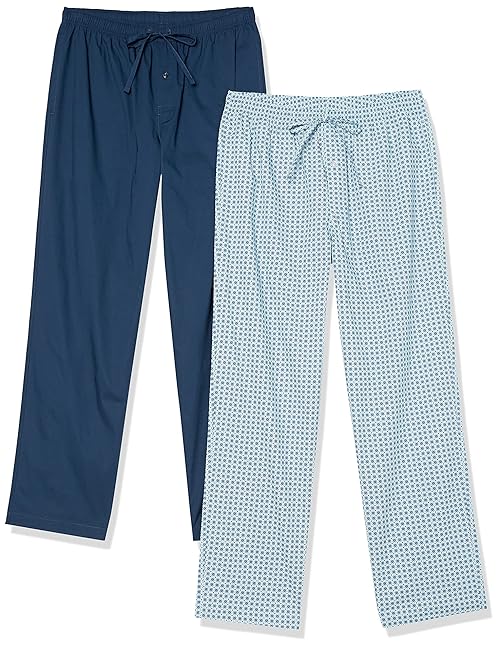 Amazon Essentials Men's Cotton Poplin Full-Length Pajama Bottoms, Pack of 2, Blue Geo Print/Indigo, X-Small