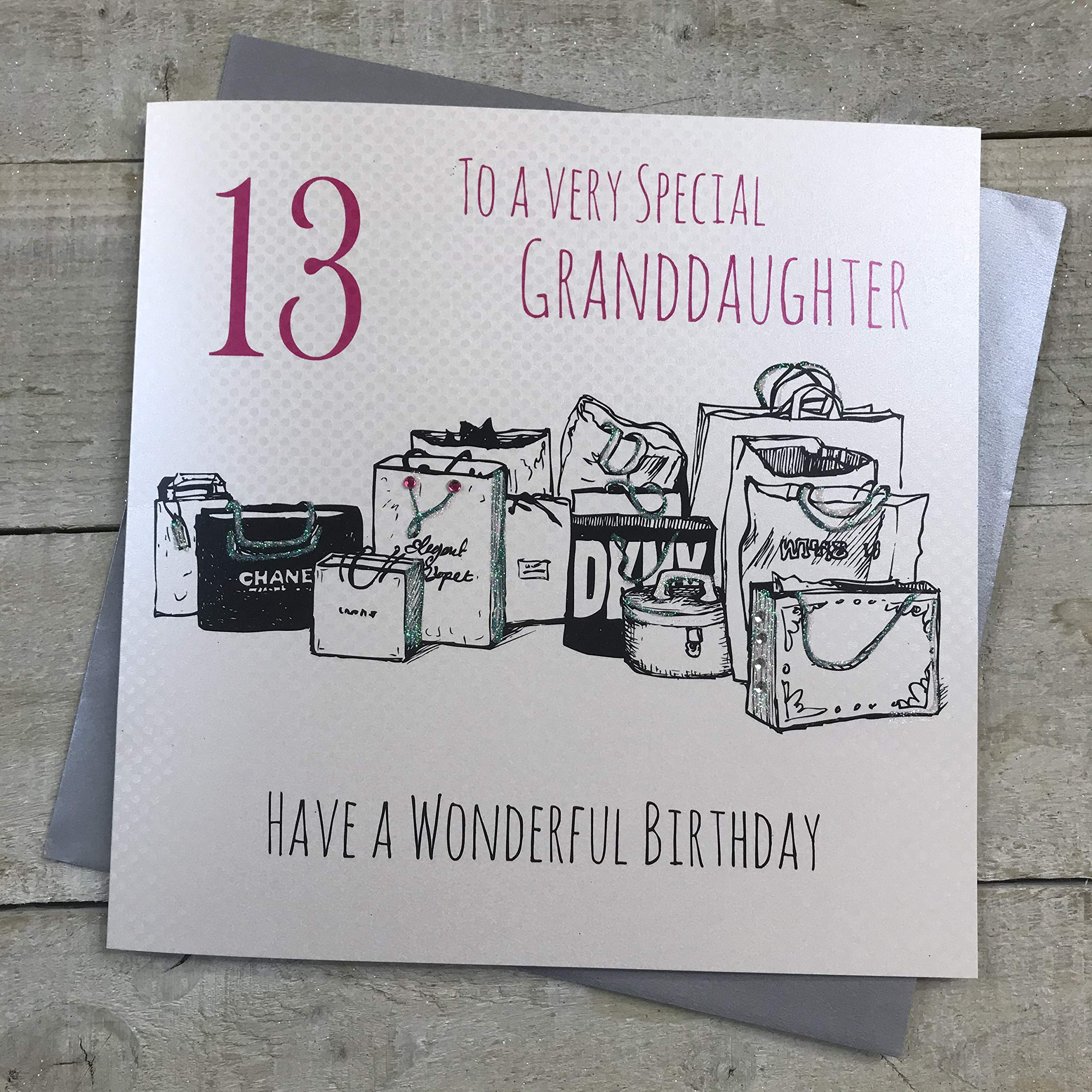WHITE COTTON CARDS Large Value Range Shopping Bags 13 to a Very Special Granddaughter Have A Wonderful Handmade 13th Birthday Card, XE28-13, 22X22 cm