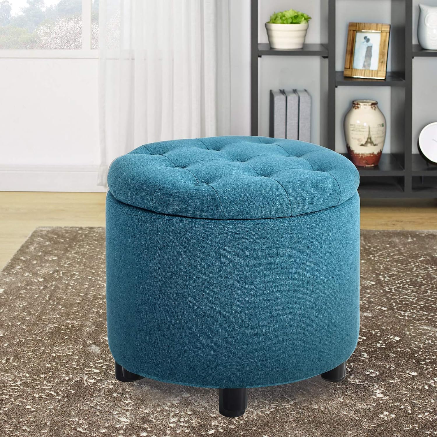 MAISON ARTS Round Storage Ottoman Foot Stool Vanity Stool Tufted Pouf Ottoman Side Table for Living Room Bedroom Seat Dressing Chair Footrest, 4 Legs, Blue: Kitchen & Dining