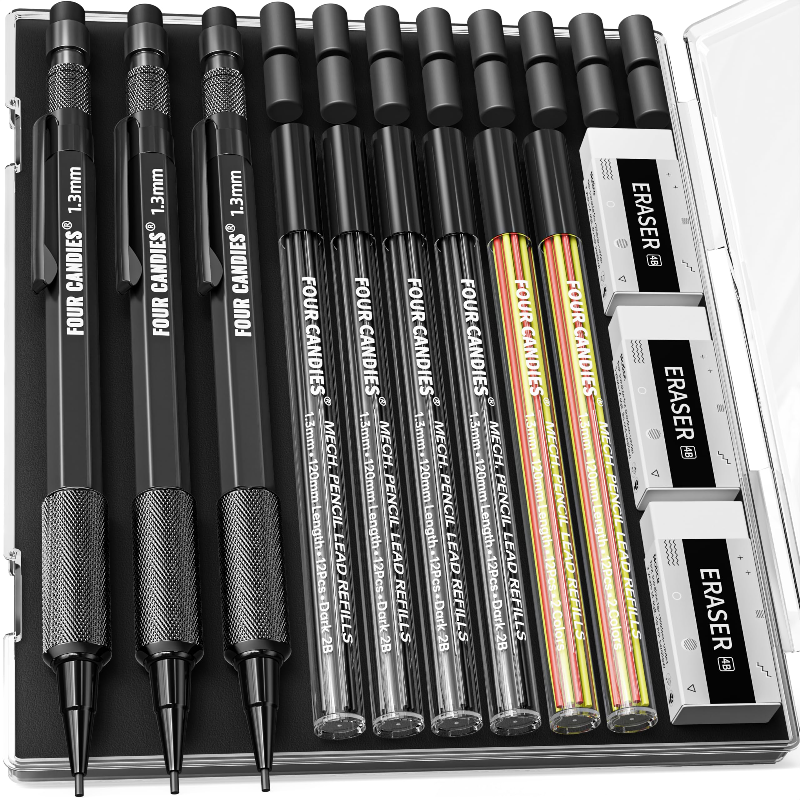 Four Candies 3PCS 1.3mm Mechanical Pencil Set with Case, Metal Heavy Duty Carpenter Pencils with 48 Refill(Red,Black,Yellow) 3Eraser, 12Eraser Refill, Weatherproof Body Outdoor Woodworking Marking