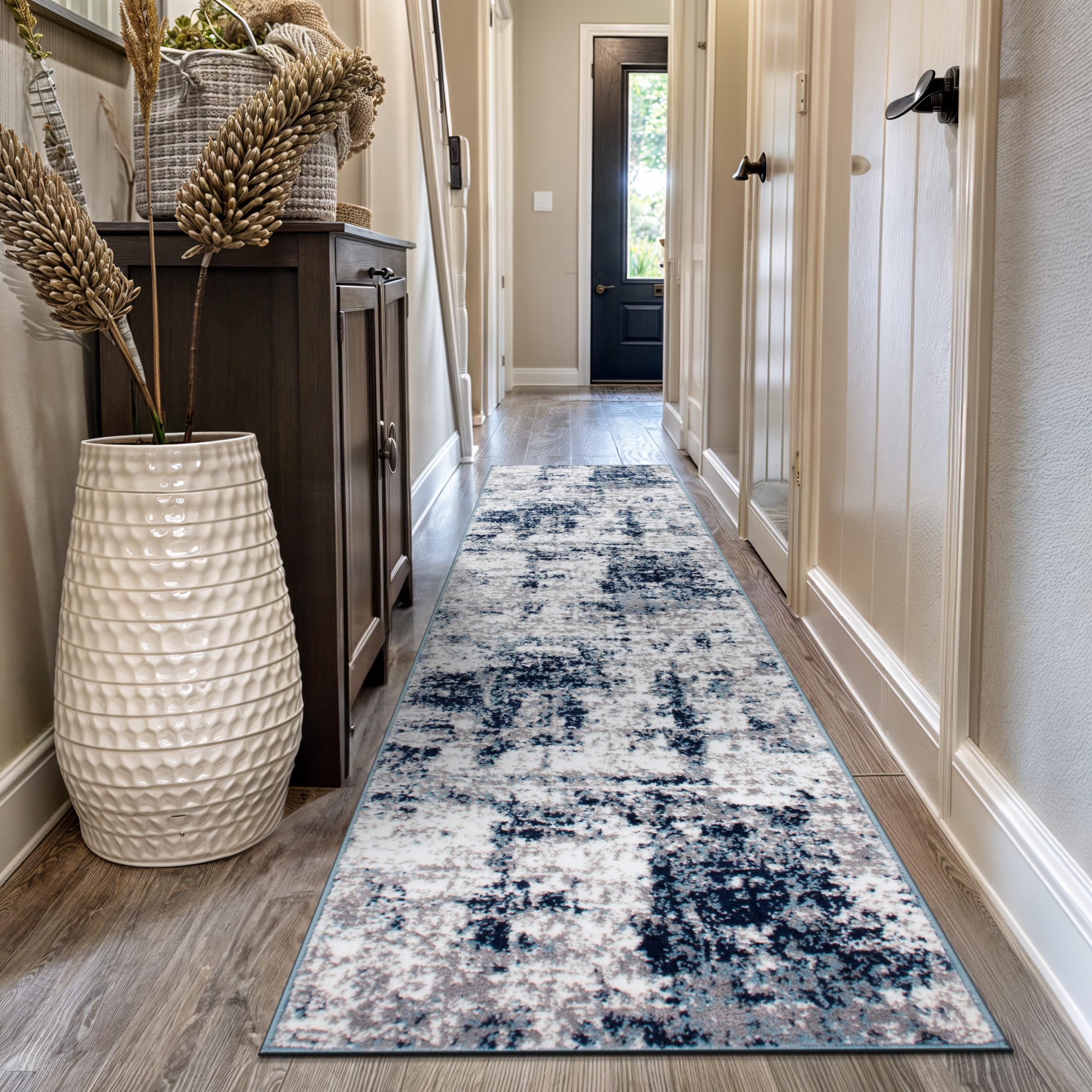 Rugshop Modern Distressed Blue Abstract Runner Rug Bohemian Inspired for Hallway, Entryway and Kitchen 2'7" x 10' Image