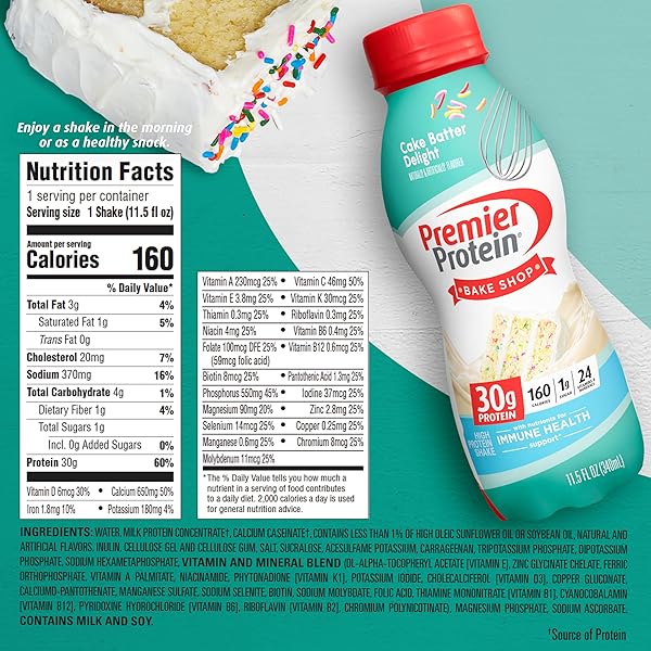 PREMIER PROTEIN SHAKE, CAKE BATTER, 30G PROTEIN, NO ADDED SUGAR, 24 VITAMINS & MINERALS TO SUPPORT IMMUNE HEALTH, 11.5 FL OZ, 1 PACK