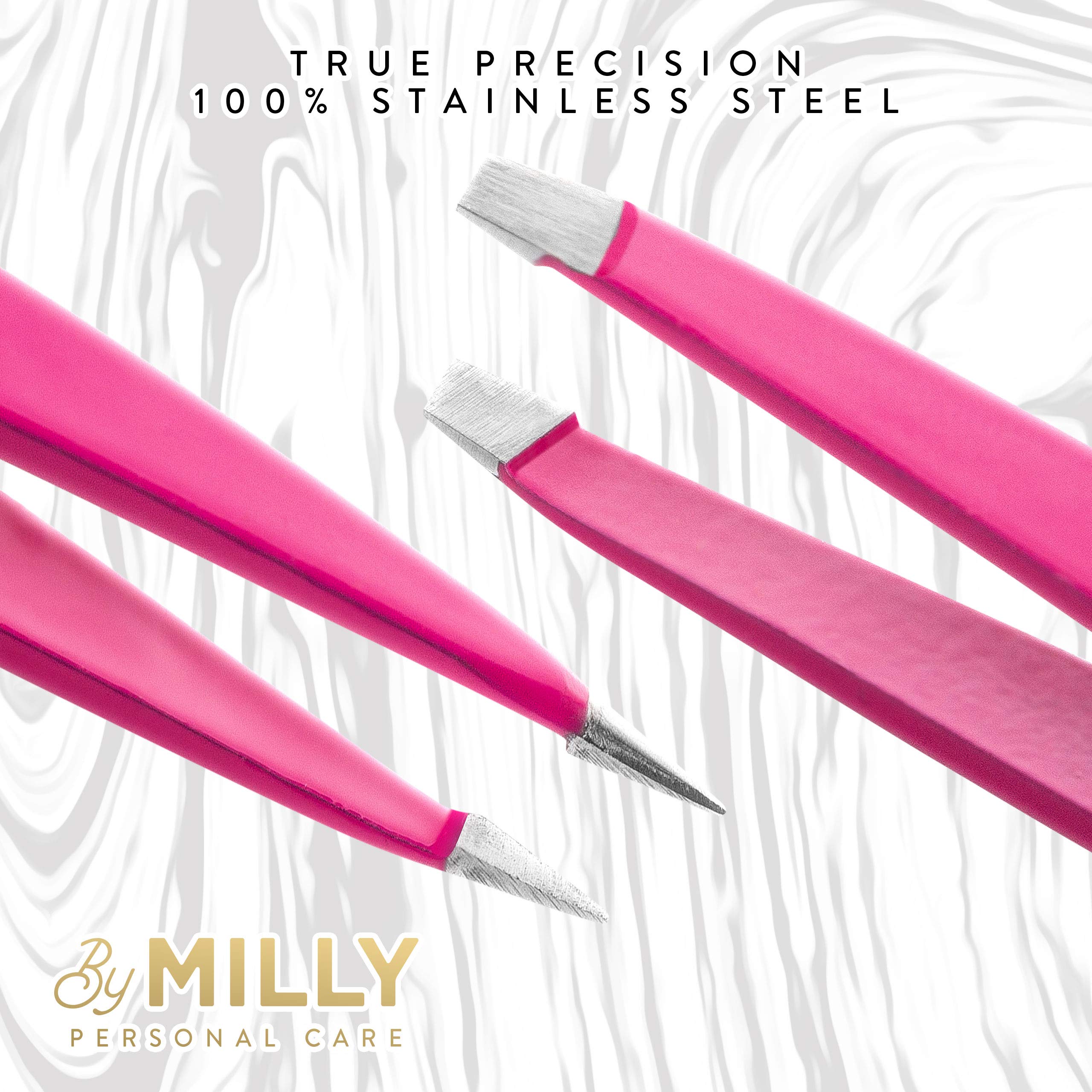 By MILLY Precision Tweezers Set | Slanted and Pointed Tip Tweezers Kit | High Carbon Stainless Steel | Aligned & Hand-Filed Tweezer Set Professional | Hair Removal & Eyebrow Tweezer Set | Pink