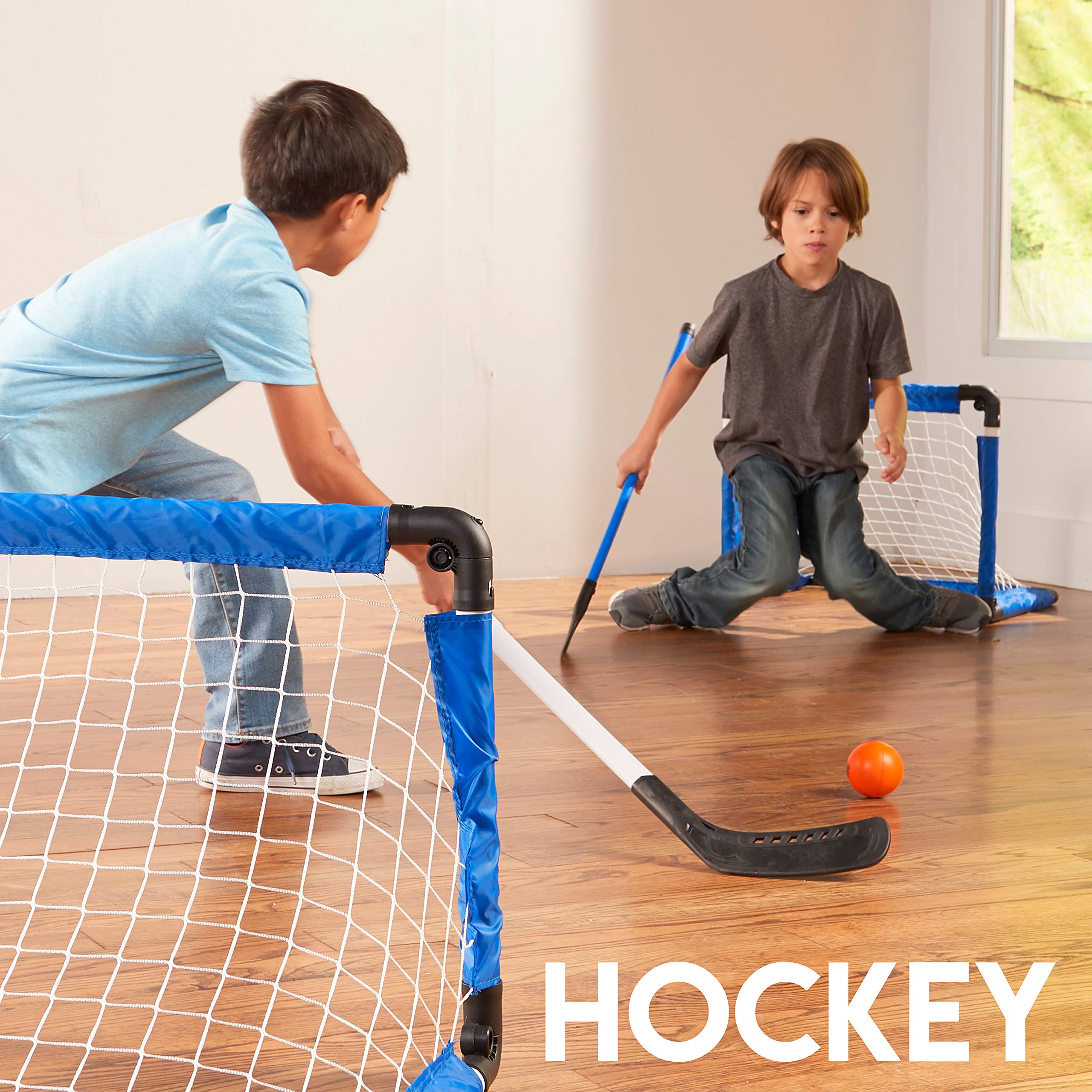 Franklin Sports Indoor Mini Goal Sports Set - 3 in 1 Kids Indoor Goal Set - Indoor Mini Floor Hockey, Knee Hockey, and Mini Soccer Set for Kids, Blue, 22 x 17.5-Inch
