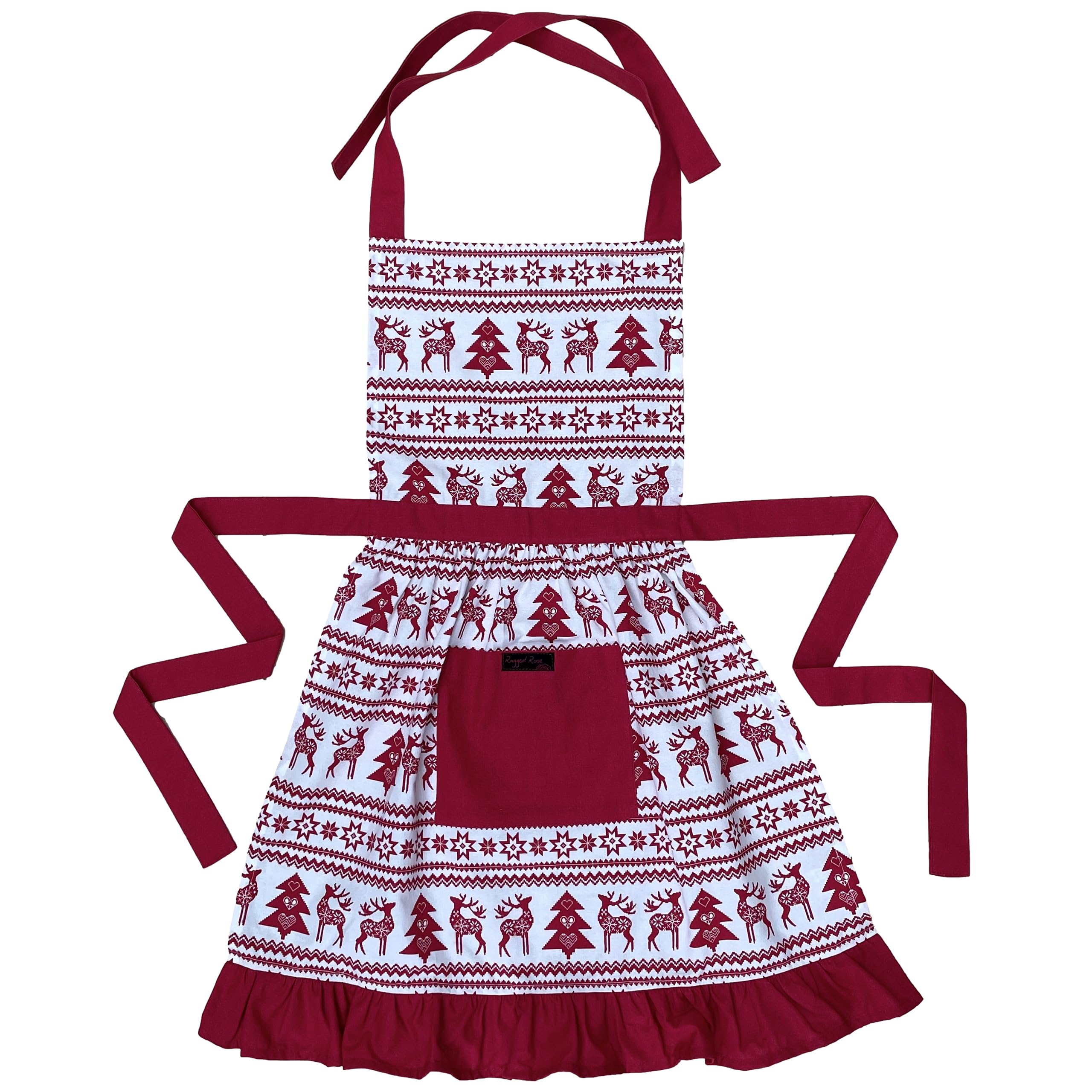 Ragged Rose Christmas Apron - Cotton Apron for Cooking & Dishwashing - Frilly Apron with Adjustable Neck Strap, Front Pocket & Ties - Vintage Apron for Women Nordic Christmas Red Apron - 85 x 60 cm