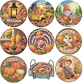 8 Pcs Fall Diamond Art Coasters Kits, Diamond Painting Coasters Kits ﻿ ﻿ | Coaster with Holder for Adults, Non-Slip DIY Dot Paint Craft Kits,5D Full Drill DIY Diamond Dot Gem Art Kit Home Decor Arts