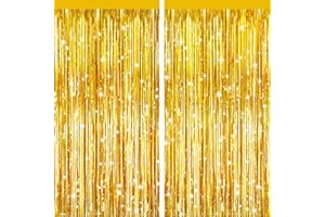 PATYPIRE 2 Pack Gold Metallic Tinsel Foil Fringe Curtains, Door Streamers Photo Booth Backdrop for Birthday Party, Tinsel Curtain Backdrop for Baby Shower Bachelorette Christmas Party Decorations