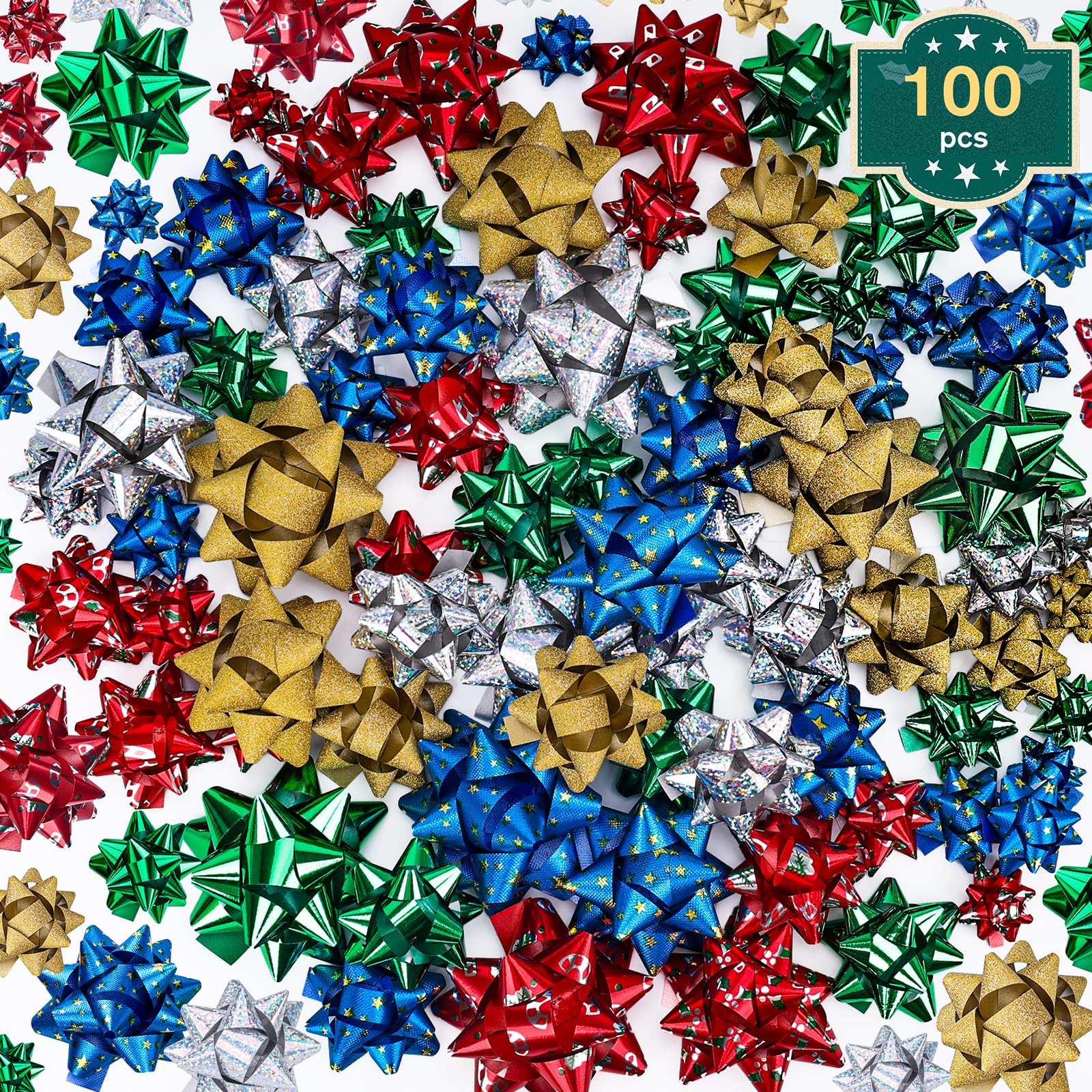 Photo 1 of Shindel 100PCS Christmas Bows, Assorted Sizes Wrapping Accessory Five Colors Holiday Assortment Bows for Birthdays Christmas Party Decoration