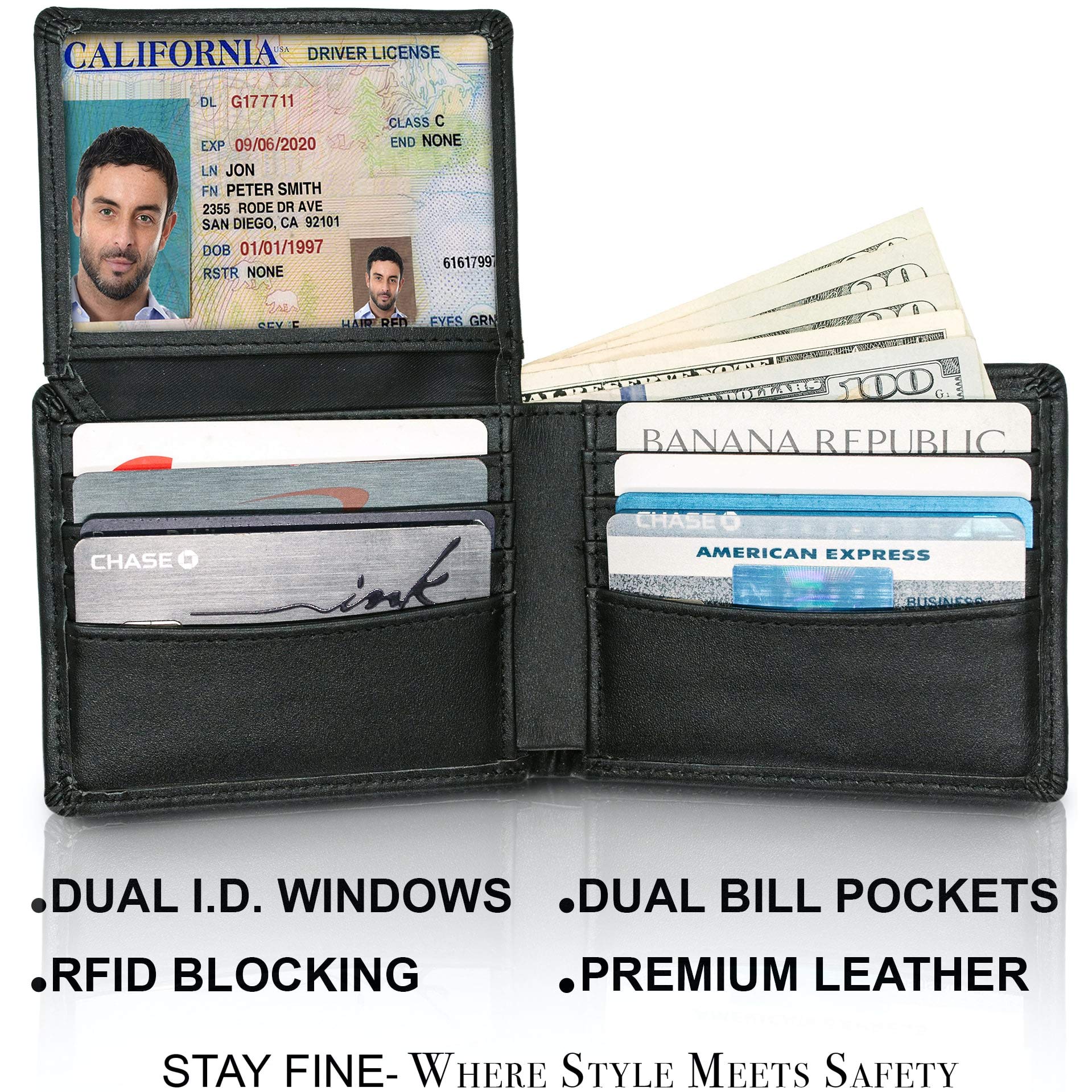 Top Grain Leather Wallet for Men | RFID Blocking | Extra Capacity Bifold Wallet with 2 ID Windows | Ultra Strong Stitching | Slim Billfold with 8 Card Slots | Gift for Him