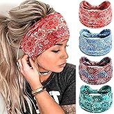 FULZTEY Boho Headbands for Women Fashion Floral Headwraps Knotted Wide Hairbands Large African Bandana Elastic Workout Yoga Sweat Head Band Cotton Thick Turban Cute Hair Accessories 4Pcs