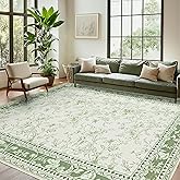 Sage Green Floral 5x7 Area Rug Vintage Boho Washable Printed Rug for Living Room Non-Slip Soft Bedroom Cottagecore Farmhouse Carpet for Dining Room Nursery Light Green and Cream Beige Sketch Style