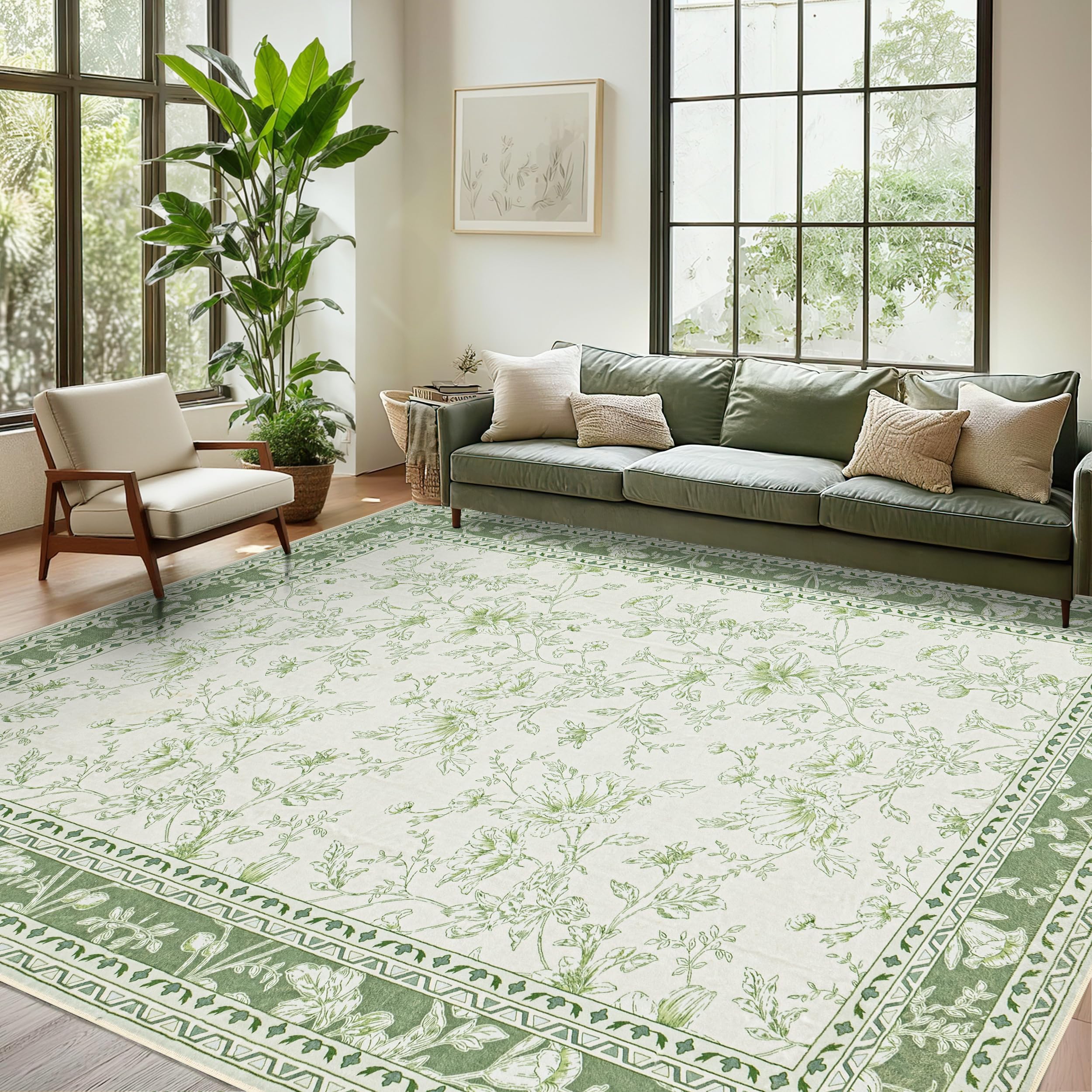 Sage Green Rugs for Bedroom 7x9 Area Rug for Living Room Machine Washable Light Green Cream Beige Printed Non-Slip Vintage Floral Distressed Indoor Boho Farmhouse Carpet for Dining Room Nursery Image