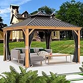 Kozyard Apollo 12&rsquo;x12&rsquo; Hardtop Gazebo, Wooden Coated Aluminum Frame Canopy | Galvanized Steel Double Roof, Outdoor Permanent Metal Pavilion with Netting for Patio Lawn