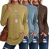 Velvelhall 3 Pack Women's Tunic Tops, Mock Turtleneck Raglan Long Sleeve Lightweight Sweaters Loose Curved Hem Ribbed Shirts
