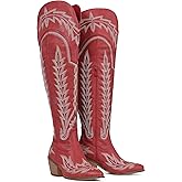Celbreez Red Cowboy Boots for Women Thigh High Wide Calf Cowgirl Boots Embroidered Knee High Western Boot Pointed Toe Chunky Heel Side Zip Over The Knee Boot for Women