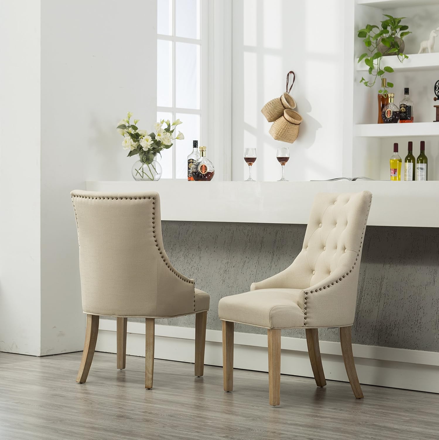 Roundhill Furniture Button Tufted Solid Wood Wingback Hostess Chairs with Nail Heads, Set of 2, Tan - Chairs