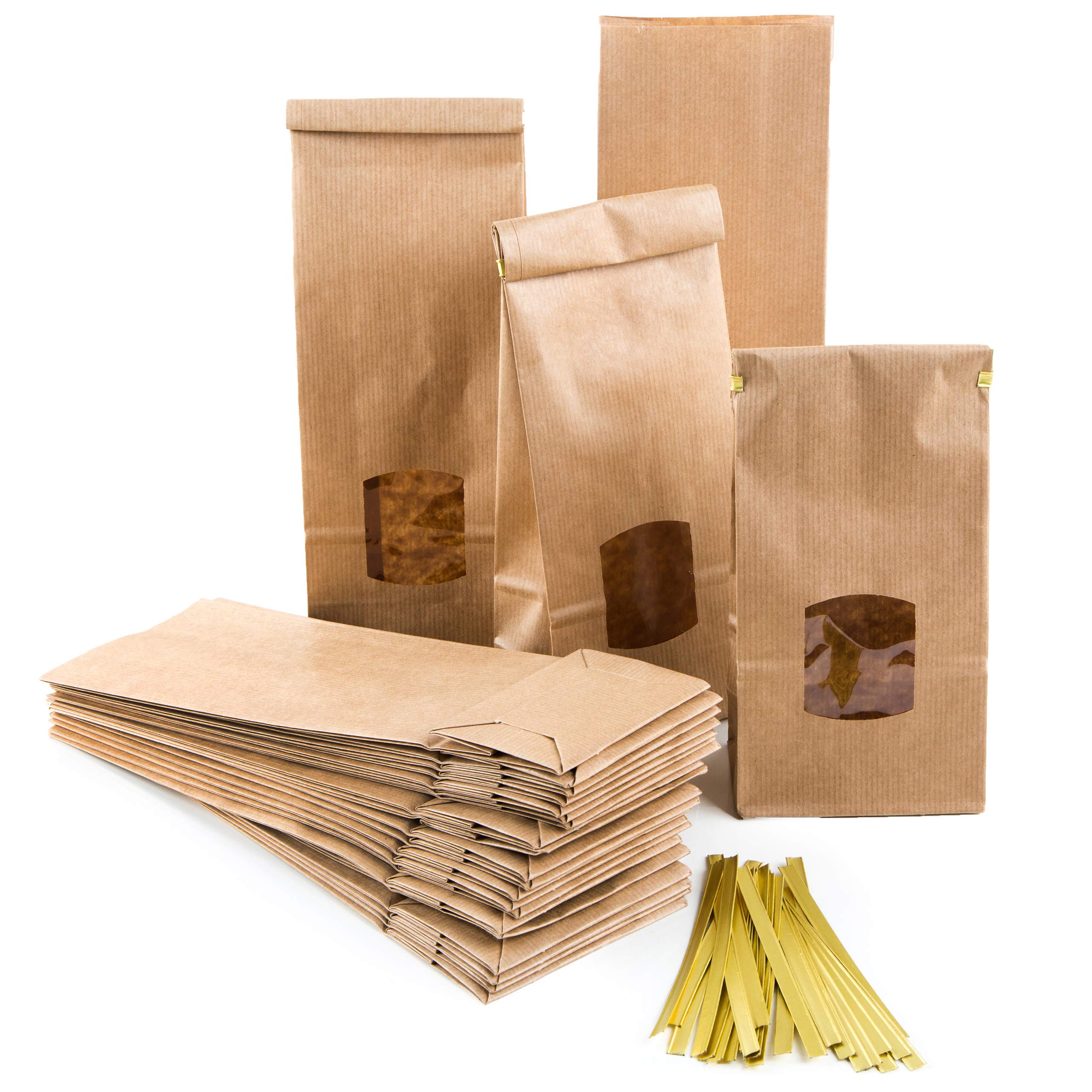 Logbuch-Verlag 25 Large Brown Kraft Paper Block Bottom Bags with Window, Clips, Foil Insert, Limited Reusable, Food Safe, 10 x 6.5 x 27.5 cm
