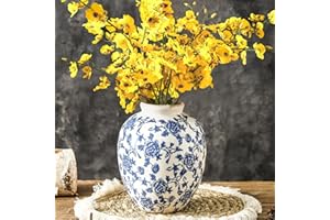 OOIT Ceramic Flower Vase, Blue and White Vintage Decorative Vase Chinoiserie Decor Rustic Farmhouse Retro Floral Vases for Table Bookshelf Mantel Kitchen Living Room Office - 7.8inch Blue
