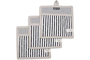 AMOUR INFINI Heat Resistant Pot Holders Striped Set of 3 Cotton Reusable Nonslip Hot Pads for Kitchen Baking Cooking Outdoor BBQ Party Festive Gift (Charcoal - 8x8 Inches)