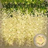 BLEUM CADE 10Pcs White Fake Wisteria Hanging Flowers with Lights, 3.6Ft/Pcs Artificial Wisteria Garland, Hanging Flowers for Wedding Party Home Backdrop Wall Decoration