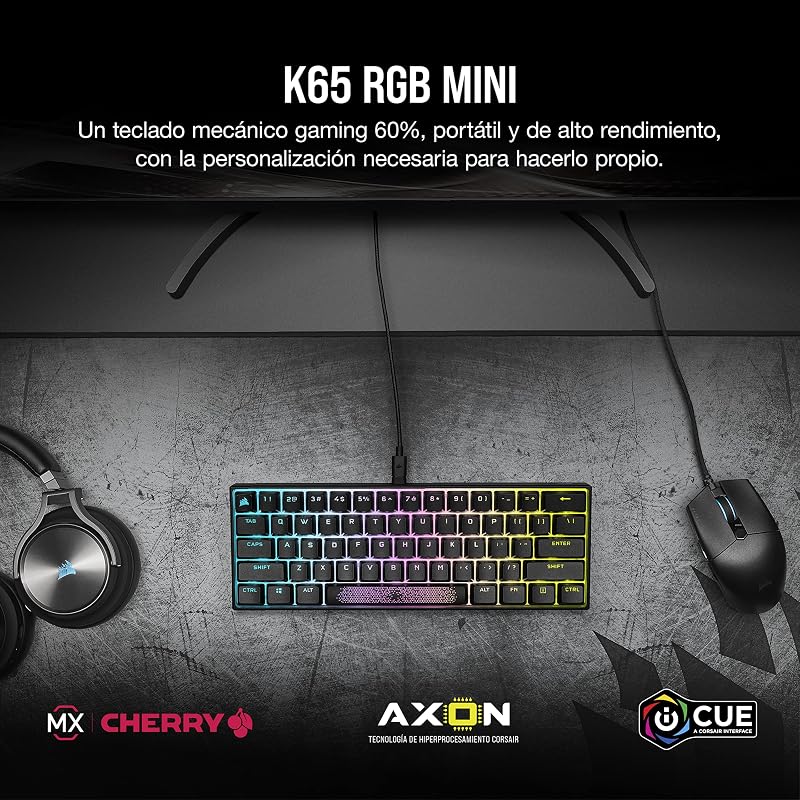 K65 RGB MINI Teclado Mecânico de Gaming 60% Ligado - Switches CHERRY MX RED - Teclados PBT Double-Shot - Compatível com iCUE - QWERTY ES - PC, Mac, Xbox - Preto
