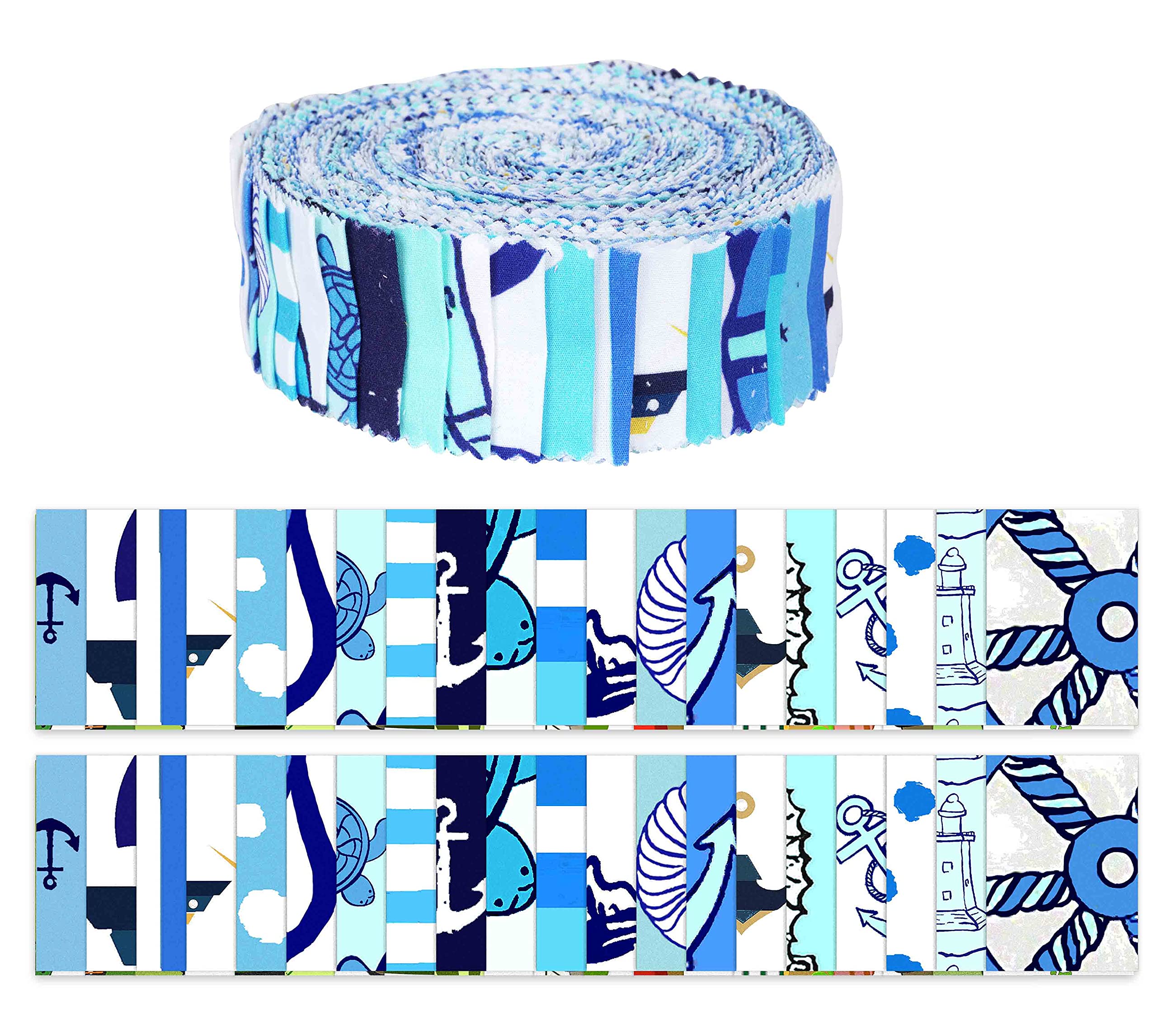 Soimoi 40Pcs Nautical Print Precut Fabrics Strips Roll Up 1.5 inches Cotton Jelly Rolls for Quilting - Medium Blue