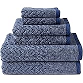 Texere 100% Organic Cotton Jacquard 650 GSM Premium Bath Towel Sets - Extra Absorbent Quick Dry and Plush, 2 Large Bath Towels, 2 Hand Towels, 2 Washcloths (Cable, Estate Blue, 6 Piece)