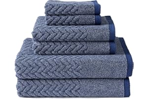 TEXERESILK Texere 100% Organic Cotton Jacquard 650 GSM Premium Bath Towel Sets - Extra Absorbent Quick Dry and Plush, 2 Large Bath Towels, 2 Hand Towels, 2 Washcloths (Cable, Estate Blue, 6 Piece)
